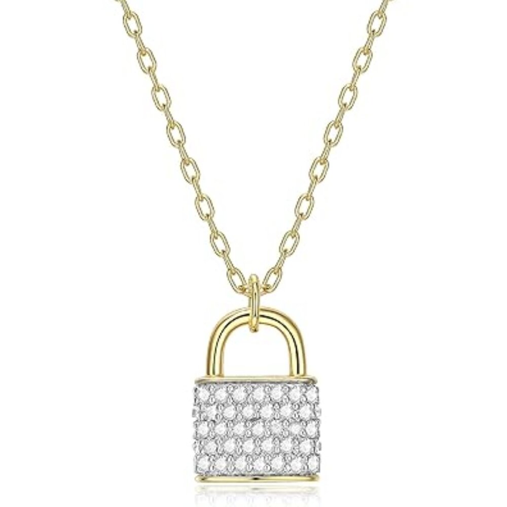 1/10 CTTW Diamond Lock Necklace in 18K Yellow Gold Plated Sterling Silver